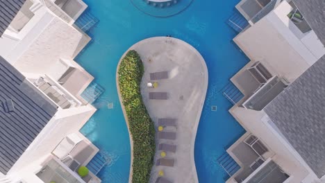 Aerial-top-shot-of-Nickelodeon-resort-in-Punta-Cana,-Dominican-Republic