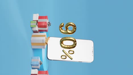 Smartphone-Mit-Goldenen-90-%-Neben-Verschiedenen-Geschenkboxen-Auf-Blauem-Hintergrund-Vertikal