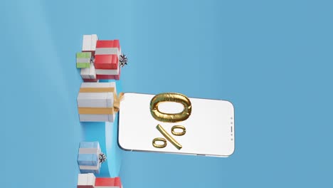 Smartphone-Mit-Goldenen-0-%-Neben-Verschiedenen-Geschenkboxen-Auf-Blauem-Hintergrund-Vertikal