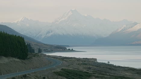 Empty,-scenic-road-to-Mount-Cook,-New-Zealand-during-golden-hour