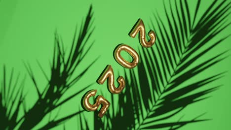 Goldener-Ballon-2025-Auf-Silhouettierten-Palmen,-Grünem-Hintergrund-Vertikal