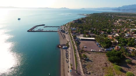 Drone-shot-of-a-Mexican-city-next-to-the-beach-“Loreto??