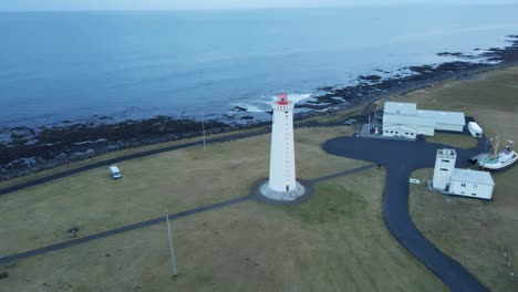 Beautiful-aerial-of-a-tall-lighthouse-on-a-peaceful-Icelandic-coast