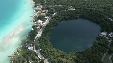 Aerial-view-of-cenote-in-Bacalar-Mexico-travel-holiday-destination