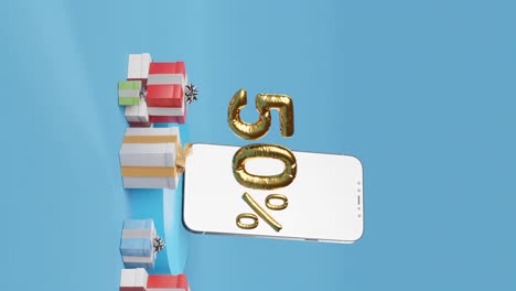 Smartphone-Mit-Goldenen-50-%-Neben-Verschiedenen-Geschenkboxen-Auf-Blauem-Hintergrund-Vertikal