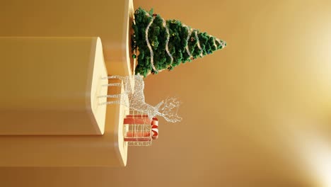 Christmas-Tree,-Illuminated-Reindeer,-and-Wrapped-Gift-on-yellow-background-vertical