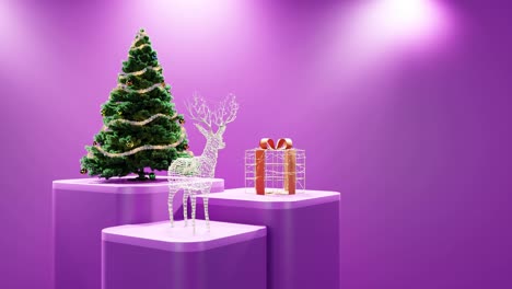 Christmas-Tree,-Illuminated-Reindeer,-and-Wrapped-Gift-on-pink-background
