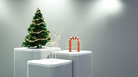 Weihnachtsbaum,-Beleuchtetes-Rentier-Und-Verpacktes-Geschenk-Auf-Weißem-Hintergrund