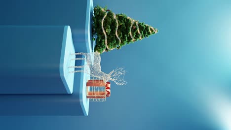 Weihnachtsbaum,-Beleuchtetes-Rentier-Und-Verpacktes-Geschenk-Auf-Blauem-Hintergrund-Vertikal