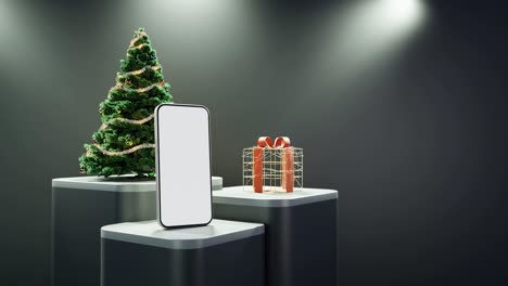 Smartphone,-Weihnachtsbaum-Und-Verpacktes-Geschenk-Auf-Schwarzem-Hintergrund