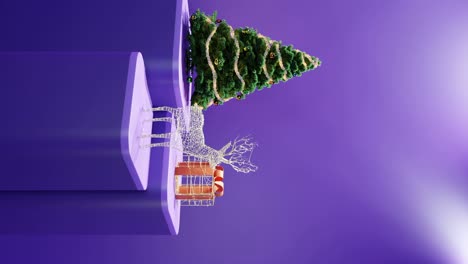 Christmas-Tree,-Illuminated-Reindeer,-and-Wrapped-Gift-on-purple-background-vertical