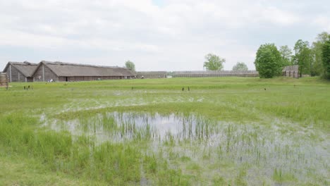 Old-Slavic-Settlement-in-Biskupin,-Poland---Aerial-Pan-Left