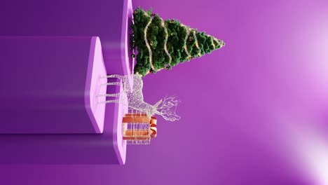 árbol-De-Navidad,-Renos-Iluminados-Y-Regalo-Envuelto-Sobre-Fondo-Rosa