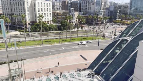 Modern-architecture,-staircase-at-the-Convention-centre-Downtown-San-Diego,-California-USA-with-the-view-over-urban-buildings