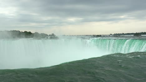 Niagara-Falls-landscape-view,-powerful-water-flowing-down-the-waterfall-creating-steam,-on-a-cloudy-day