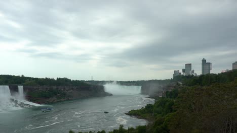Panoramic-landscape-view-of-Niagara-Falls,-water-flowing-down-the-waterfall-creating-steam,-on-a-cloudy-day