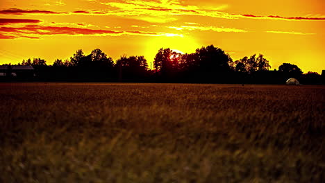 Low-angle-shot-of-sun-setting-along-yellow-sky-in-distance-over-green-grasslands-in-timelapse-during-evening-time