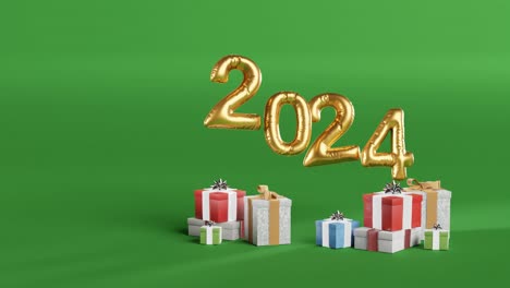 Wir-Feiern-2024-Mit-Goldenen-Luftballons-Und-Geschenken-Auf-Grünem-Hintergrund