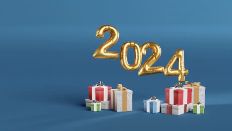 Celebrando-El-2024-Con-Globos-Dorados-Y-Regalos-Sobre-Fondo-Azul