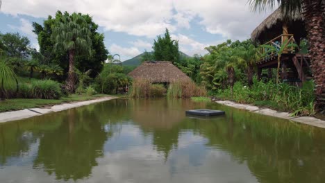 Villa-de-Etla,-Oaxaca,-Mexico-Fast-Fly-Over-serene-pond-surrounded-by-lush-tropical-foliage