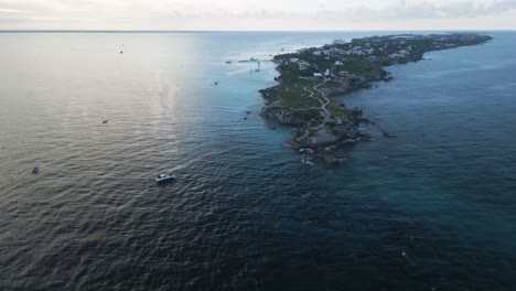 Aerial-Isla-Mujeres-Cancun-riviera-Maya-drone-above-scenic-caribbean-sea-tropical-island