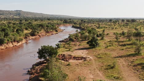 Toma-Aérea-De-Maasai-Mara-Con-Drones-Del-Paisaje-Del-Río-Masai-Mara-En-áfrica,-Kenia-Desde-Arriba-Con-Hermosos-árboles,-Vegetación-Y-Un-Verde-Exuberante,-Toma-Amplia-Y-Alta