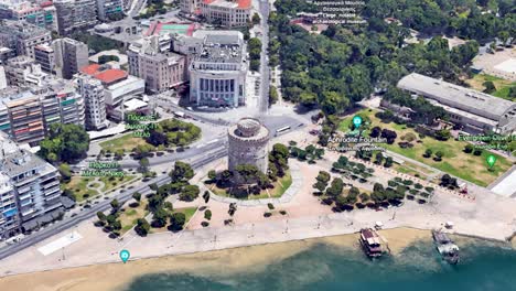 White-tower-Thessaloniki-Greece,-Graphics-Animation-Media,-Point-of-Interest-aerial-Panorama