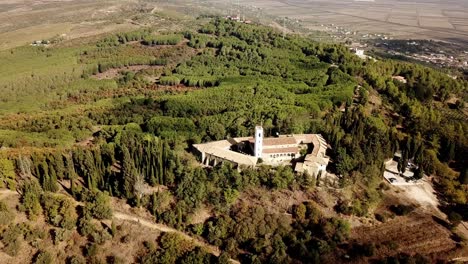 Drone-view-of-the-Ardenica-monastery-in-Albania,-Europe