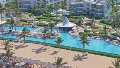 Cinematic-establisher-luxury-modern-hotel-resort-in-tropical-Caribbean-island