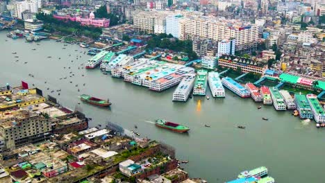 Aerial-view-of-Sadarghat-Launch-Terminal-on-the-Buriganga-River,-Dhaka
