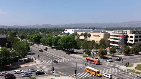 Woodland-Hills-intersection-in-Los-Angeles---rising-aerial-establishing-shot-over-Westfield-mall-and-Nordstroms