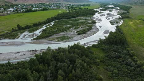 Aerial-View-Of-Shilik-River-Near-Saty-Village-In-Almaty-Region,-Kazakhstan,-Central-Asia