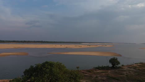 Amazon-river-low-water-level,-drought,-sandbanks-in-severe-dry-rivers-in-brazil,-drone-flyover