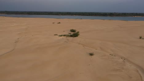 Amazon-river-basin-low-water-level,-drought,-sandbanks-in-severe-dry-rivers-in-brazil,-drone-flyover-in-the-state-of-Para