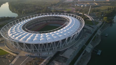 Aerial-Pullback-Reveals-National-Athletic-Center.-Modern-Stadium