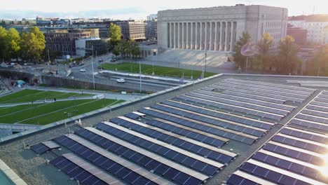 Flyover:-Rooftop-solar-panels-on-building-opposite-Finland-Parliament