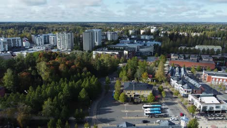 Autumn-flyover-of-Northern-boreal-forest-city-of-Kerava,-Finland