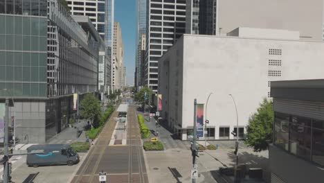 Una-Toma-Aérea-De-Establecimiento-De-La-Calle-Principal-Mirando-Hacia-El-Norte-Entre-Las-Calles-Dallas-Y-Polk-En-Un-Día-Claro-Y-Soleado-En-El-Centro-De-Houston,-Texas.