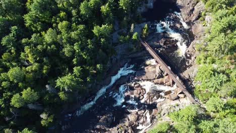 Canadian-forest,-river-cascade,-overhead-drone-view