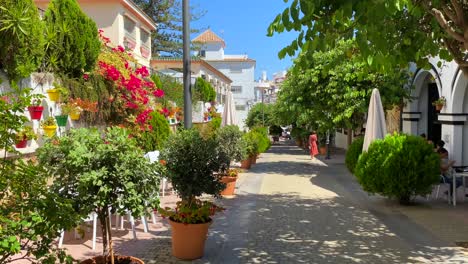 Tropical-street-in-Estepona-old-town-with-restaurants,-colorful-flower-pots-and-green-plants,-sunny-day-in-Andalusia-Spain,-trees-and-bushes,-4K-shot