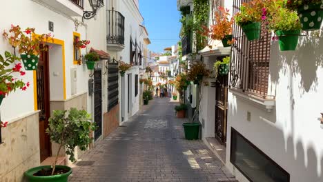 Beautiful-scenic-street-in-Estepona-old-town-with-houses,-colorful-flower-pots-and-balconies,-sunny-day-in-Andalusia-Spain,-4K-shot