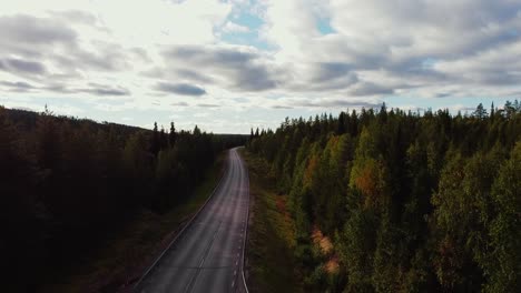 Road-leading-through-beautiful-green-forest-woods,-aerial-flying-up-revealing-evening-sunny-golden-hour-landscape-scenery-in-Sweden