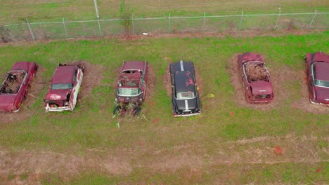 Aerial-view-of-old,-rusted-cars-lined-up-in-an-overgrown-field,-showcasing-wear-and-vintage-car