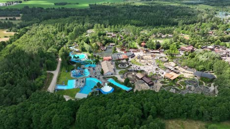 Flyover-above-amusement-park-Djurs-Sommerland-in-Nimtofte,-Denmark