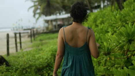 View-Behind-A-Woman-Touching-Foliage-While-Walking-On-The-Shore