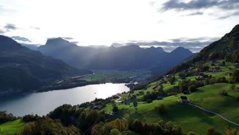 View-of-Walensee-lake-with-stunning-landscape-in-Amden,-Canton-Sankt-Gallen,-Switzerland