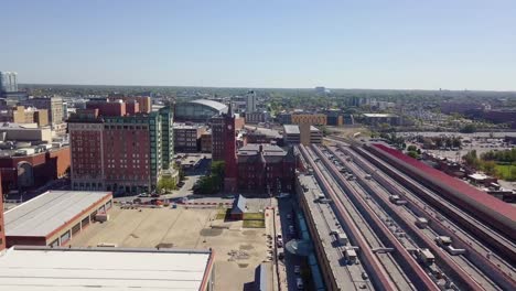 Aerial-establishing-shot-of-downtown-Indianapolis-revealing-a-clocktower