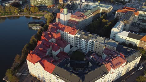 Solid-old-Helsinki-buildings-create-hidden-courtyard,-aerial-view