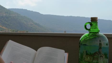 Reading-book-on-terrace-with-birds-flying,-old-town,-sea-and-mountain-view