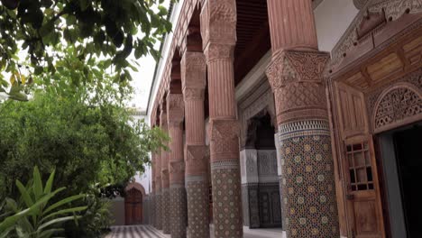 Traditional-Riad-museum-in-Morocco,-an-African-palace-with-mosaic-ornament,-open-garden-in-summer